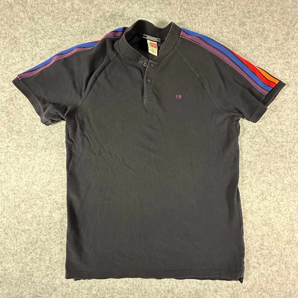 Scotch & Soda Polo Shirt Mens Medium Black Rainbow Stripe Raglan Sleeve